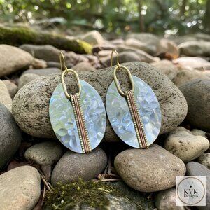 Iridescent Blue-Green Oval Drop Earrings with Gold Accents